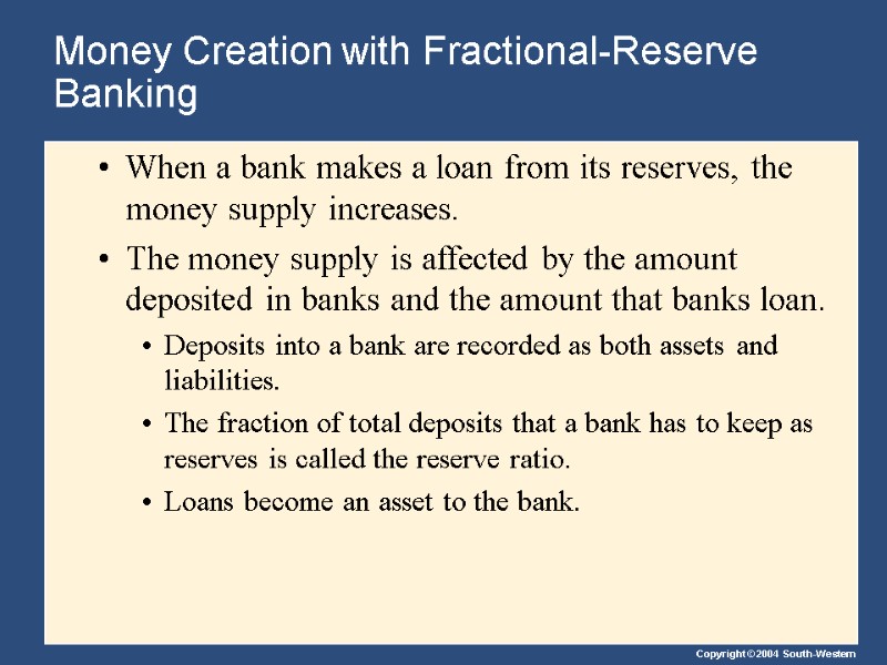 Money Creation with Fractional-Reserve Banking When a bank makes a loan from its reserves,